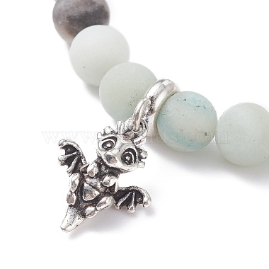 Bracelet extensible perlé rond en amazonite fleur givrée naturelle avec breloque dragon(BJEW-JB07596)-4