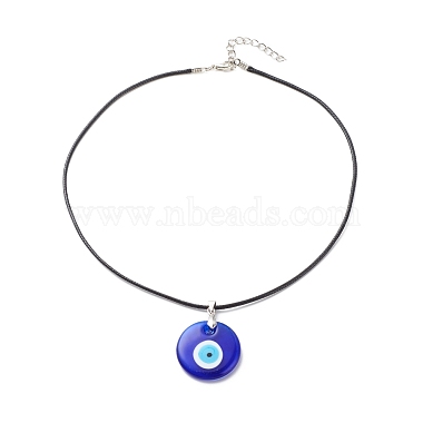 Collar con colgante de mal de ojo de murano azul con cordón encerado para mujer(NJEW-JN03955-04)-4