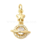 Brass Pave Clear Cubic Zirconia Pendants, Lead Free & Cadmium Free, Long-Lasting Plated, Star with Planet Charms, Real 18K Gold Plated, 20x12.5x6.5mm, Jump Ring: 5x1mm, Inner Diameter: 3mm(KK-G554-14G)