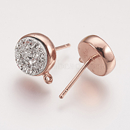 Brass Ear Stud Findings, with Druzy Resin Cabochon and Loop, Flat Round, Rose Gold, White, 15.5x14.5mm, Hole: 1mm, Pin: 0.7mm(KK-P145-L06-RG)