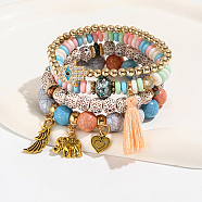 4Pcs 4 Style Plastic Beaded Stretch Bracelet Sets, Hamsa Hand & Elephant & Heart Alloy Charms Stackable Bracelets, Mixed Color, Inner Diameter: 2-3/8~2-3/4 inch(6~7cm), 1Pc/style(IU0127-1)
