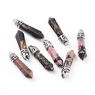 Natural Rhodonite Pointed Pendants, with Platinum Tone Alloy Findings, Bullet, 33~40x8~9x8~9mm, Hole: 3x4mm(G-P309-02)