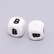 Silicone Beads, Cube with Letter.B, White, 12x12x12mm, Hole: 2mm(SIL-WH0002-25B-B)