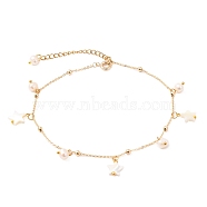 Brass Cable Chain Anklets, with Round Beads, Natural Trochid Shell Star Beads and Natural Pearl Beads, Golden, 9-3/4 inch(24.8cm)(AJEW-AN00328)