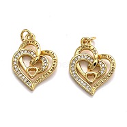 Brass Micro Pave Cubic Zirconia Pendants, Long-Lasting Plated, Heart, Golden, 20x15x4mm, Hole: 3mm(ZIRC-O039-18G)