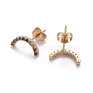 Brass Micro Pave Cubic Zirconia Stud Crawler Earrings, Climber Earrings, with Brass Ear Nuts, Moon, Colorful, Real 18K Gold Plated, 12x6x2mm, Pin: 0.7mm(EJEW-F198-09G)