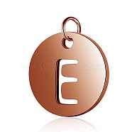 304 Stainless Steel Charms, Flat Round with Letter, Rose Gold, Letter.E, 12x1mm, Hole: 2.5mm(STAS-S105-T514R-E)