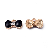 Alloy Enamel Pendants, with Crystal Rhinestone, Bowknot, Light Gold, Black, 9x14.5x3.5mm, Hole: 1.5mm(AT-TAC0001-01B)