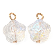 Glass Pendants, with Light Gold Brass Loops, Flower Charms, WhiteSmoke, 16~16.5x12x8mm, Hole: 2.2mm(KK-Q777-14LG)