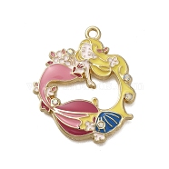 Alloy Enamel Pendants, with  Rhinestone, Mermaid Charm, Pink, 29.5x26x2.5mm, Hole: 1.8mm(ENAM-S021-01G-D)