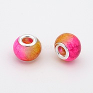 Large Hole Glass European Beads, with Silver Color Plated Brass Cores, Rondelle, Fuchsia, 14x10mm, Hole: 5mm(GPDL-J009-01)