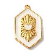 Rack Plating Brass Enamel Pendant, Cadmium Free & Lead Free, Long-Lasting Plated, Hexagon with Heart Charm, Real 18K Gold Plated, White, 23x13.5x3.5mm, Hole: 1.2mm(KK-A229-31G-03)