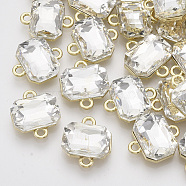 Light Gold Plated Alloy Links connectors, with Glass, Faceted, Rectangle, Clear, 17x14~15x5mm, Hole: 1.8mm(X-PALLOY-N150-12)