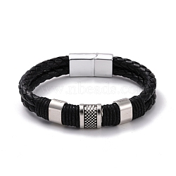 Retro Leather Braided Cord Bracelet for Men, Rectangle Alloy Beads Bracelet with Magnetic Clasps, Antique Silver, Black, 8-1/2 inch(21.5cm)(BJEW-A039-01B)