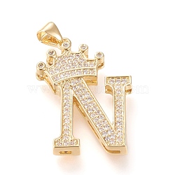 Brass Micro Pave Cubic Zirconia Pendants, Long-Lasting Plated, with Snap on Bail, Letter.N with Crown, Real 18K Gold Plated, Clear, Letter.N, N: 28x20x4mm, Hole: 3x4mm(KK-R138-002N)