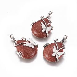 Synthetic Goldstone Pendants, with Enamel and Brass Findings, teardrop, with Butterfly, Platinum, 30x23.5x12mm, Hole: 10x6mm(G-K296-B02)