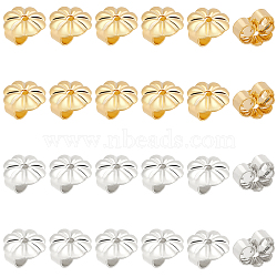 SUPERFINDINGS 200Pcs 2 Colors Rack Plating Brass Ear Nut, Cadmium Free & Lead Free, Flower, Real Gold Plated & Real Platinum Plated, 6x6x3.5mm, Hole: 1mm, 100pcs/color(KK-FH0003-79)