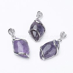 Natural Amethyst Pendants, with Brass Findings, Horse Eye, Platinum, 38x17x7mm, Hole: 3x4mm(G-E423-05P)