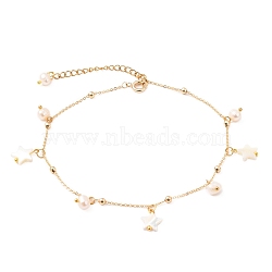 Brass Cable Chain Anklets, with Round Beads, Natural Trochid Shell Star Beads and Natural Pearl Beads, Golden, 9-3/4 inch(24.8cm)(AJEW-AN00328)