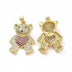 Brass Micro Pave Clear Cubic Zirconia Pendants, Bear, Deep Pink, 30x20.5x5.5mm, Hole: 3.5x5mm(ZIRC-F135-26G-02)