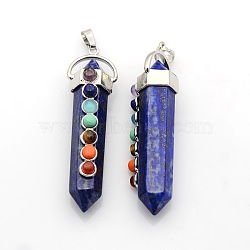 Yoga Chakra Jewelry Platinum Plated Brass Gemstone Double Terminated Pointed Big Pendants, Lapis Lazuli, 58x17x16mm, Hole: 7x6mm(X-G-P053-19G)