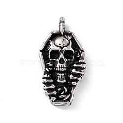304 Stainless Steel Manual Polishing Pendants, Coffin with Skull Charms, Antique Silver, 45.5x24x10mm, Hole: 5mm(STAS-G267-11AS)