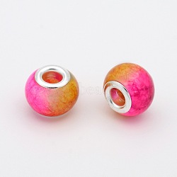 Large Hole Glass European Beads, with Silver Color Plated Brass Cores, Rondelle, Fuchsia, 14x10mm, Hole: 5mm(GPDL-J009-01)
