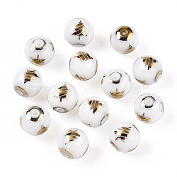 Christmas Opaque Glass Beads, Round with Electroplate Christmas Tree Pattern, Golden Plated, 10mm, Hole: 1.2mm(EGLA-R113-02C)