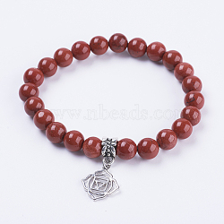 Natural Red Jasper Stretch Bracelets, with Brass Pendants, Flower, 2-1/8 inch(53mm)(BJEW-F308-11AS)