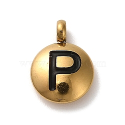 304 Stainless Steel Black Enamel Charms, Golden, Flat Round with Letter Charm, Letter P, 11x8x2.5mm, Hole: 1.8mm(STAS-R009-01G-P)