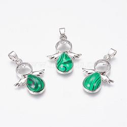 Synthetic Malachite Pendants, Angel, with Brass Finding, Platinum, 34x25.5x4.5~6.5mm, Hole: 4~5x7mm(G-G651-A03)