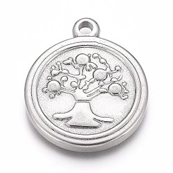 304 Stainless Steel Pendants,  Flat Round with Tree of Life, Stainless Steel Color, 21.5x18x2.5mm, Hole: 2mm(STAS-H117-19P)