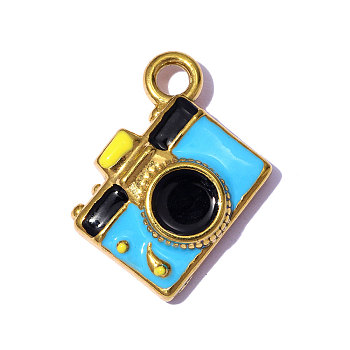 304 Stainless Steel Pendants, with Enamel, Camera Charms, Mirror Polished Finish, Ion Plating(IP), Real 18K Gold Plated, Light Sky Blue, 20x16mm, Hole: 2.3mm