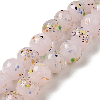 Handmade Lampwork Beads Strand, Round, Pink, 10x9~10mm, Hole: 1.2mm, about 40pcs/strand, 14.76 inch(37.5cm)