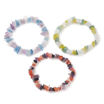 3Pcs 3 Style Natural & Synthetic Mixed Stone Chips Beaded Stretch Bracelets Set, Stackable Bracelets, Inner Diameter: 2-3/8 inch(5.9cm), 1Pc/style