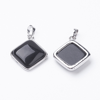 Natura Black Agate Pendants, with Brass Findings, Rhombus, Dyed, Platinum, 25x29x7mm, Hole: 5x7mm, 18x18mm