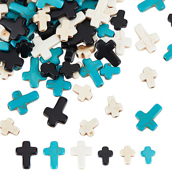 210Pcs 6 Styles Synthetic Turquoise Beads, Dyed, Cross, Mixed Color, 10~16x8~12x3~4mm, Hole: 1mm