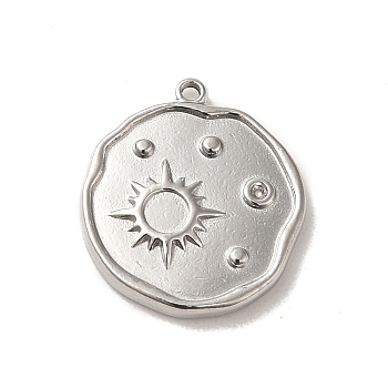 304 Stainless Steel Pendants, Flat Round with Sun Charm, Stainless Steel Color, 17x15x2mm, Hole: 1mm