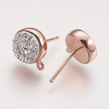 Brass Ear Stud Findings, with Druzy Resin Cabochon and Loop, Flat Round, Rose Gold, White, 15.5x14.5mm, Hole: 1mm, Pin: 0.7mm