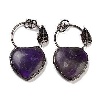 Natural Amethyst Heart Big Pendants, Brass Ring Charms with Leaf & Jump Rings, Red Copper, 53~56x32~34x7~7.5mm, Hole: 6.6mm
