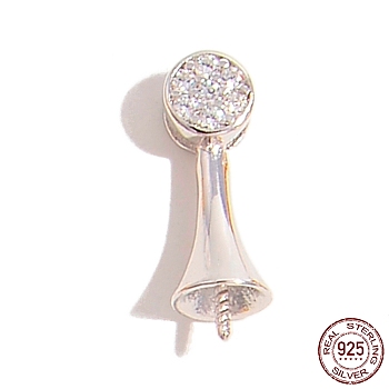 Rhodium Plated 925 Sterling Silver Pin Peg Bails, with Cubic Zirconia, Real Platinum Plated, 12x4x4mm, Pin: 0.6mm