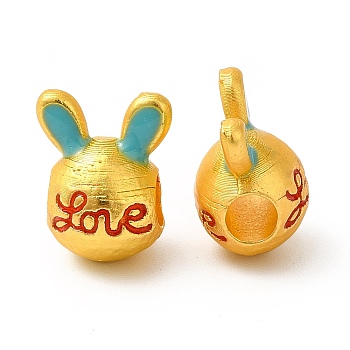 Rack Plating Alloy Enamel European Beads, Large Hole Bead, Rabbit with Word Love, Matte Gold Color, Medium Turquoise, 13.5x10x9mm, Hole: 4mm