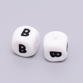 Silicone Beads, Cube with Letter.B, White, 12x12x12mm, Hole: 2mm