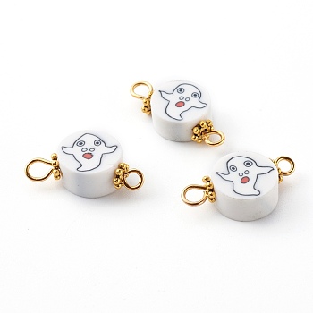 Halloween Flat Round with Ghost Polymer Clay Links Connectors, with 304 Stainless Steel Eye Pins, Alloy Daisy Spacer Beads, Golden, White, 9.5~10x19x5mm, Hole: 2~2.5mm