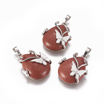 Synthetic Goldstone Pendants, with Enamel and Brass Findings, teardrop, with Butterfly, Platinum, 30x23.5x12mm, Hole: 10x6mm