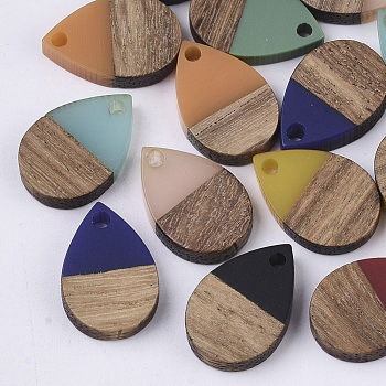 Resin & Walnut Wood Pendants, Waxed, Teardrop, Mixed Color, 16.5x11.5x3.5mm, Hole: 1.6mm