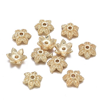 Brass Bead Caps, Textured, 6-Petal, Flower, Real 18K Gold Plated, 7x6x2.5mm, Hole: 0.8mm