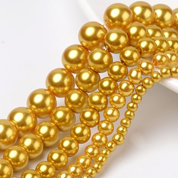 Dyed Glass Pearl Round Beads Strands, Gold, 4mm/6mm/8mm/10mm/12mm, Hole: 1mm, about 70~216pcs/strand