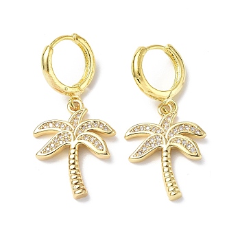 Clear Cubic Zirconia Coconut Palm Dangle Hoop Earrings, Rack Plating Brass Jewelry for Women, Golden, 31mm, Pin: 0.9mm