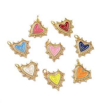 Rack Plating Brass Micro Pave Clear Cubic Zirconia Charms, with Jump Ring and Enamel, Lead Free & Cadmium Free, Heart Charm, Real 18K Gold Plated, Mixed Color, 19x19x2mm, Hole: 3.5mm
